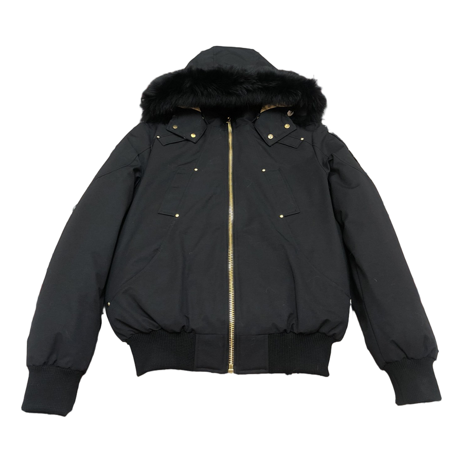Moose Knuckles Gold-Trim Hooded Bomber Jacket — Black — #318
