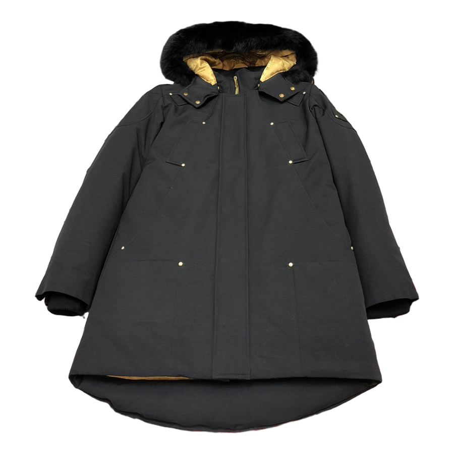 Moose Knuckles Gold-Trim Hooded Long Parka — Black — #309