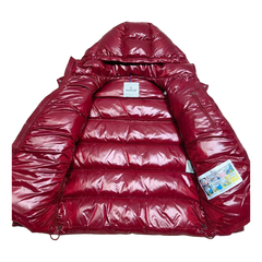 Moncler Logo-Trim Glossy Hooded Puffer Jacket — Red — #234