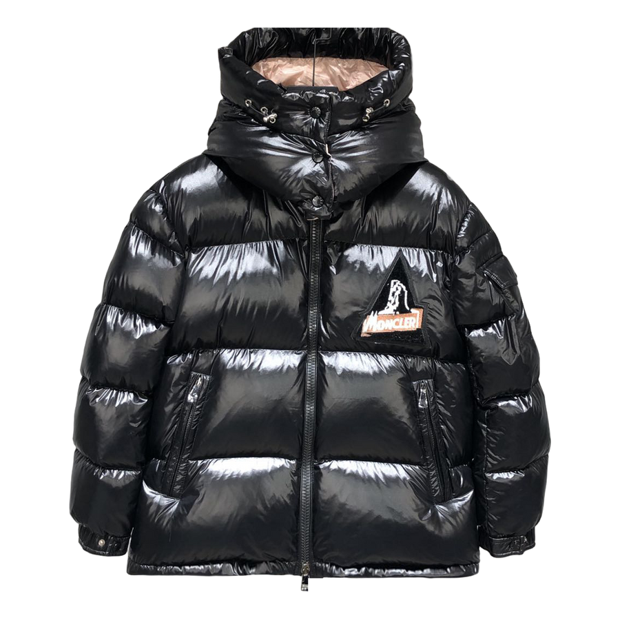 Moncler Mountain-Patch Glossy Hooded Puffer Jacket — Black — #199