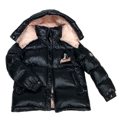 Moncler Mountain-Patch Glossy Hooded Puffer Jacket — Black — #199