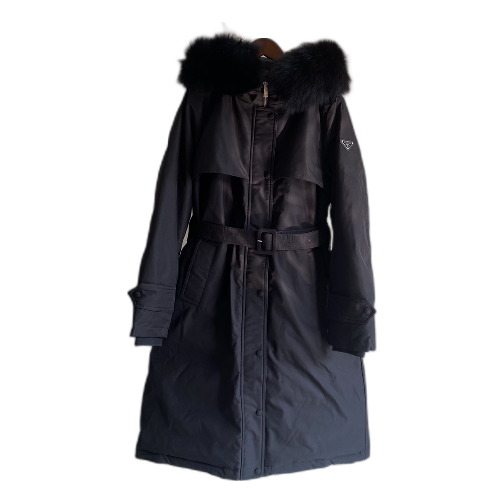 Prada Belted Fur-Trim Hooded Coat — Black — #360